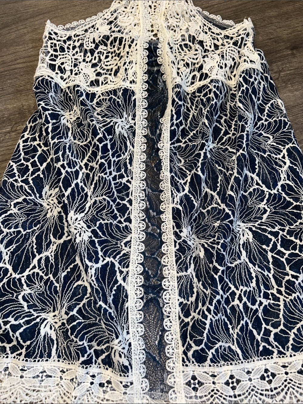 Lace Crochet Overlay Tank Dress Navy Cream Boho Festival Mini Medium - Picture 4 of 10